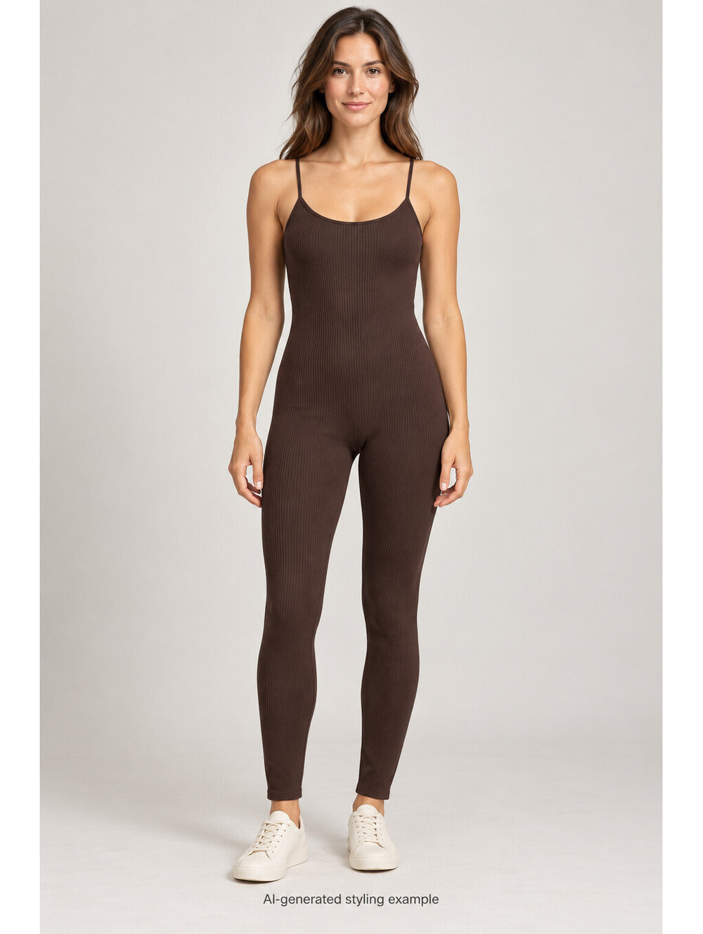 FCT Basics Womens Medium Brown Ribbed Jumpsuit Spaghetti Strap Stretch One Piece